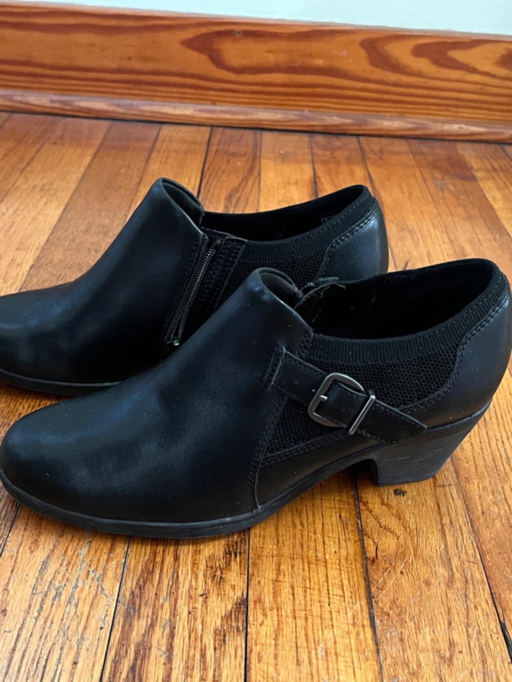 Clarks Black Low-Heel Slip-On Shoes with Buckle